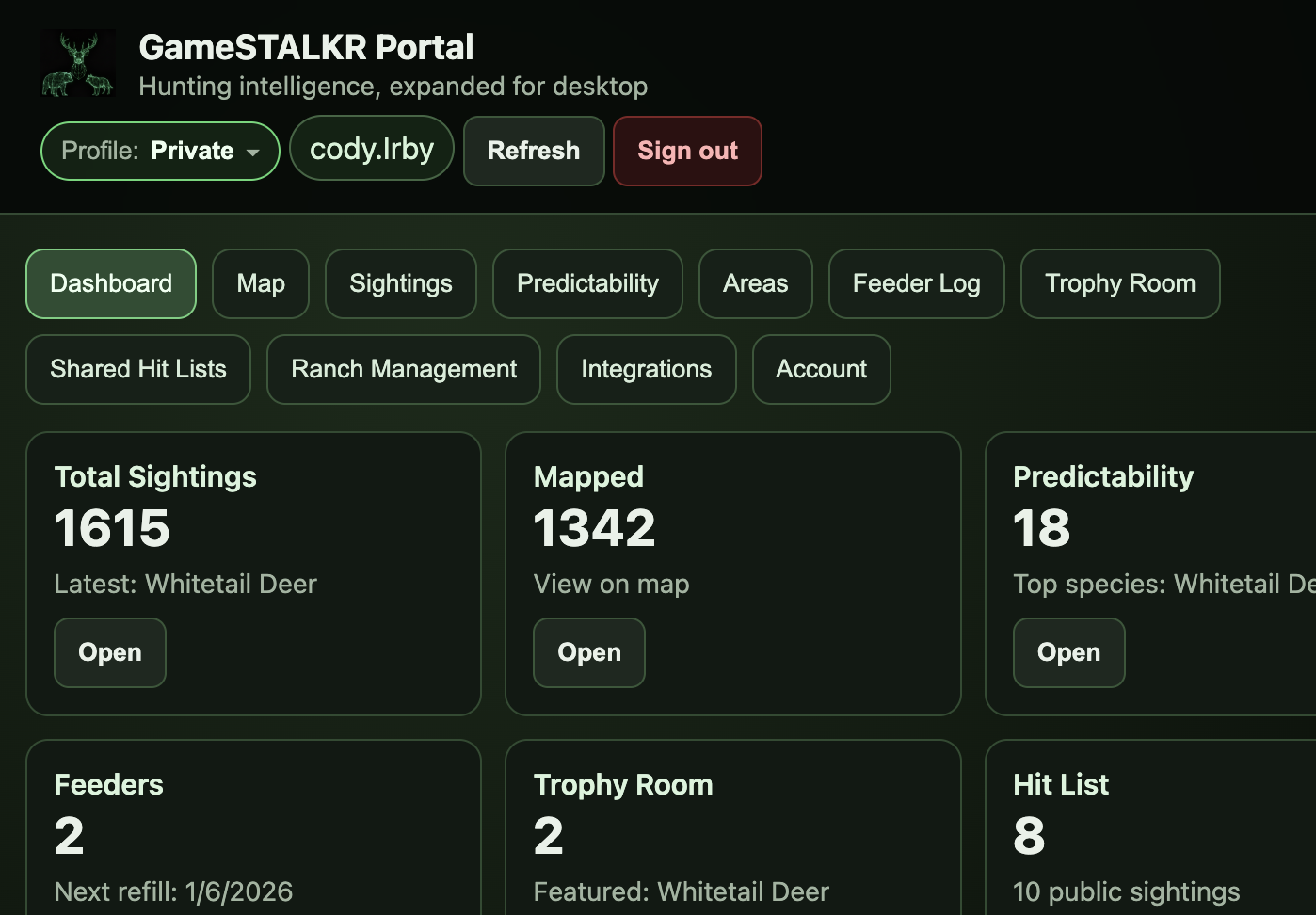 GameSTALKR portal dashboard with the ranch profile switcher visible at the top