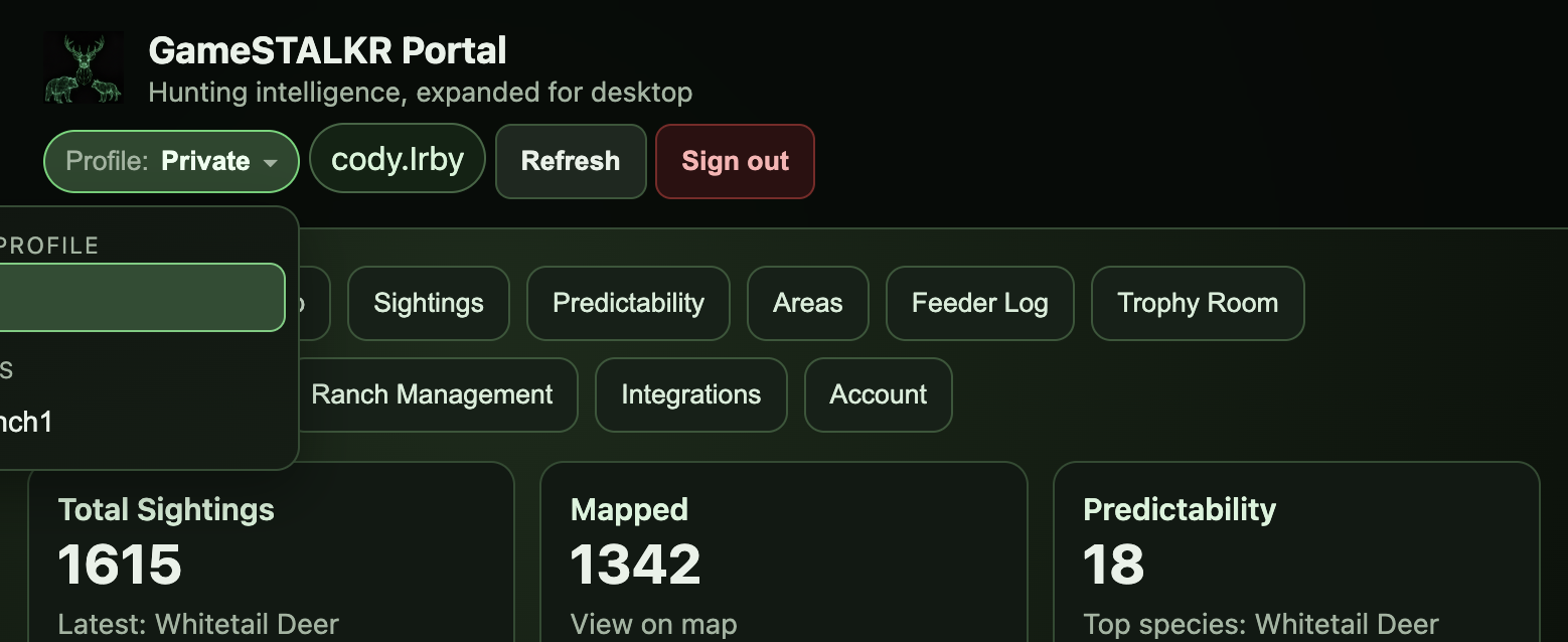 Ranch profile switcher menu open with Private and ranch options