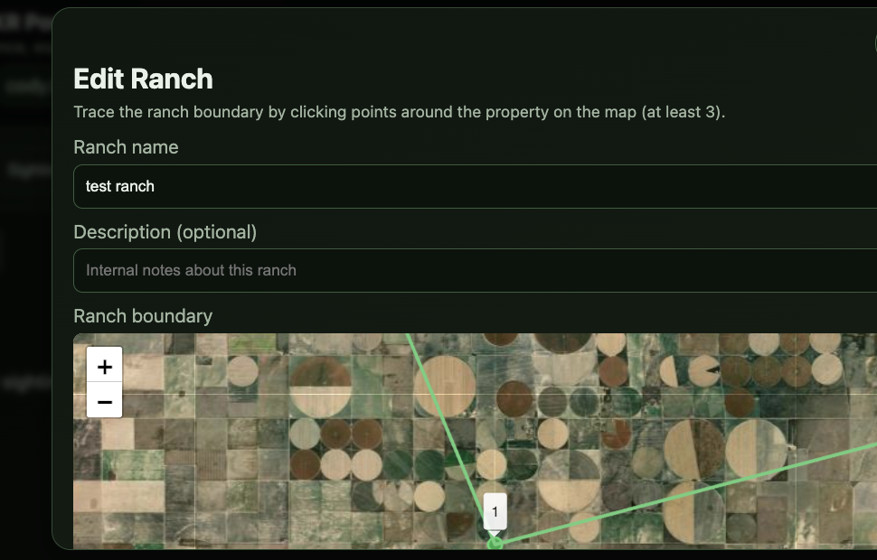 Ranch editor with a satellite map for tracing the property boundary